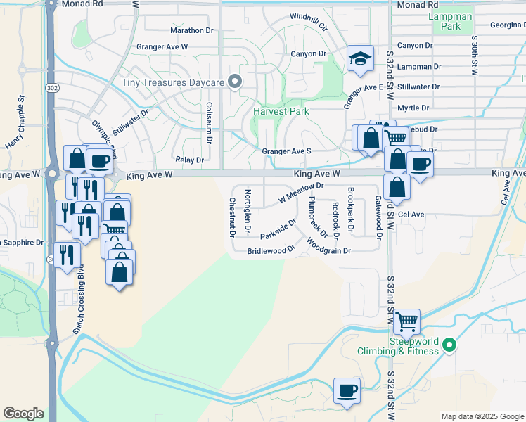map of restaurants, bars, coffee shops, grocery stores, and more near 27-31 Parkside Dr in Billings