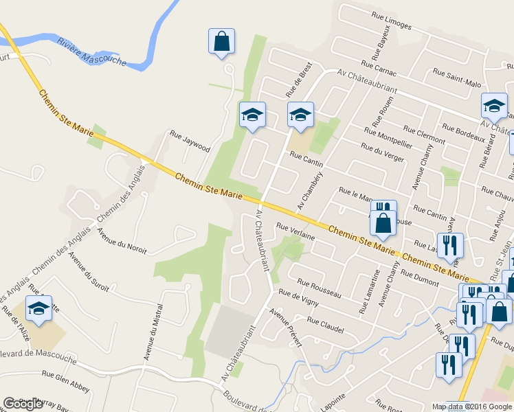 map of restaurants, bars, coffee shops, grocery stores, and more near 1154 Avenue Châteaubriant in Mascouche