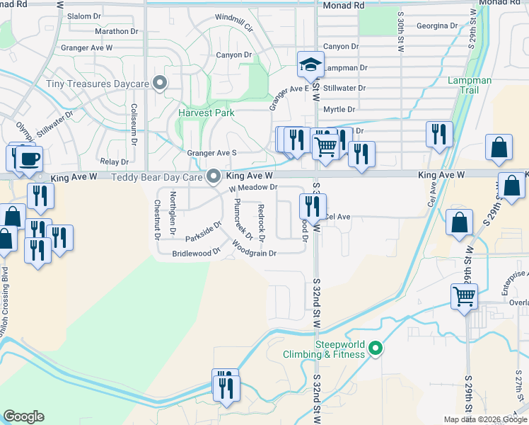map of restaurants, bars, coffee shops, grocery stores, and more near 69-83 Redrock Dr in Billings