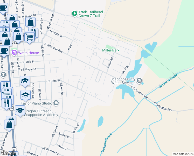 map of restaurants, bars, coffee shops, grocery stores, and more near 52238 Teakwood Drive in Scappoose