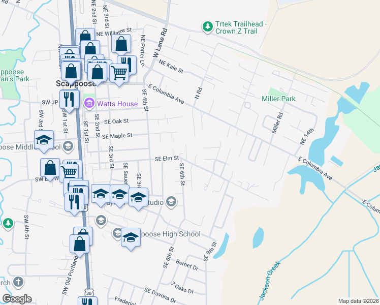 map of restaurants, bars, coffee shops, grocery stores, and more near 33973 Southeast Elm Street in Scappoose