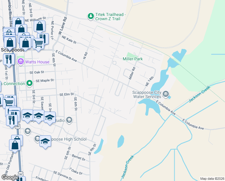 map of restaurants, bars, coffee shops, grocery stores, and more near 52234 Southeast Tyler Street in Scappoose