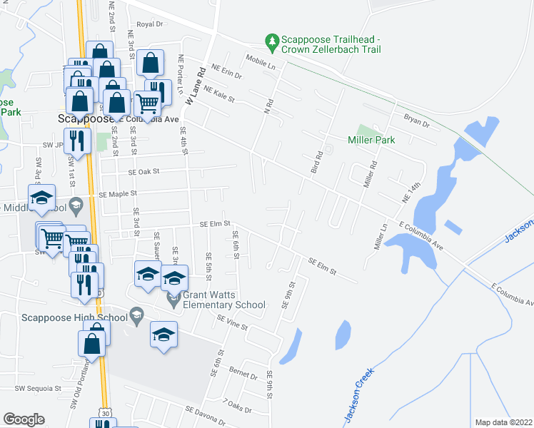 map of restaurants, bars, coffee shops, grocery stores, and more near 52167 Southeast 8th Street in Scappoose