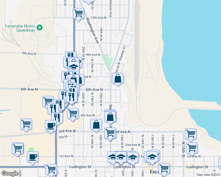 map of restaurants, bars, coffee shops, grocery stores, and more near 711 Stephenson Avenue in Escanaba