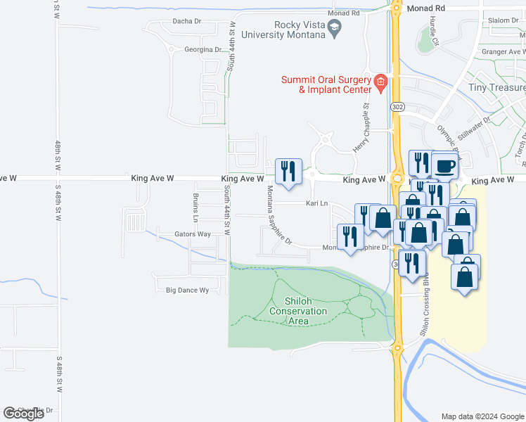 map of restaurants, bars, coffee shops, grocery stores, and more near 4320 King Ave W in Billings