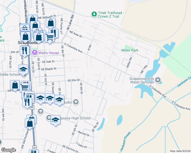 map of restaurants, bars, coffee shops, grocery stores, and more near 52167 Southeast 8th Street in Scappoose