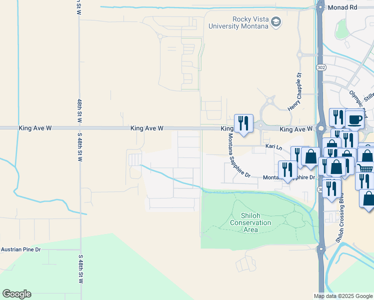 map of restaurants, bars, coffee shops, grocery stores, and more near 4414 Jayhawks Way in Billings