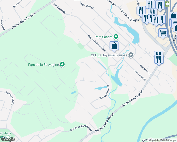 map of restaurants, bars, coffee shops, grocery stores, and more near 1116 Rue des Huards in Saint-Jérôme