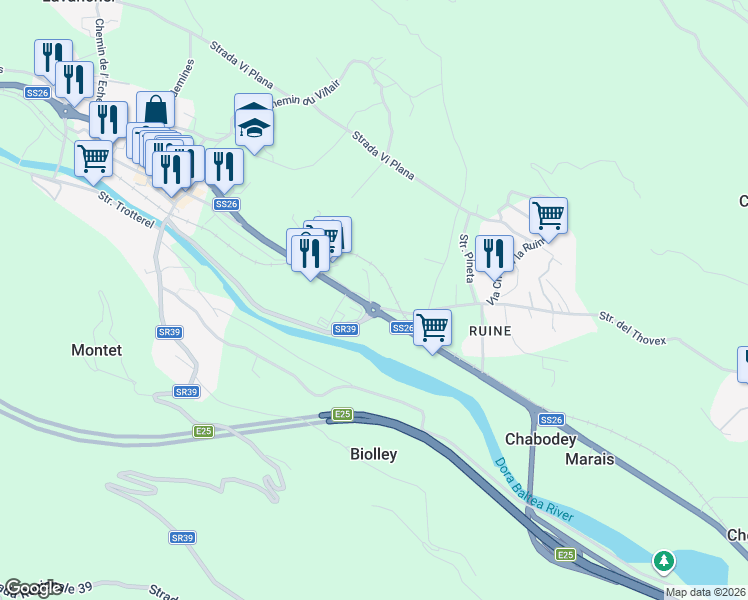 map of restaurants, bars, coffee shops, grocery stores, and more near 20 Rue du Mont Blanc in Morgex