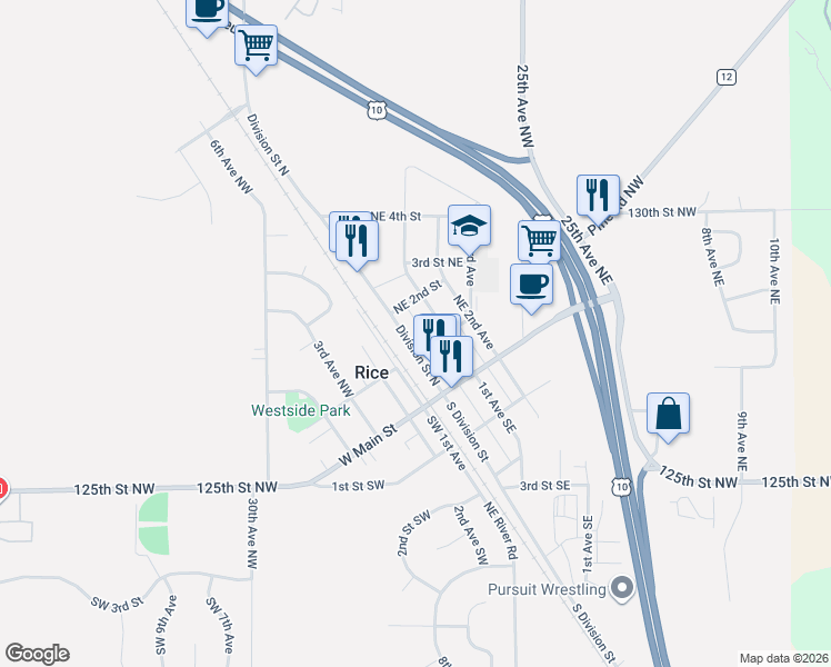 map of restaurants, bars, coffee shops, grocery stores, and more near 140 Division Street North in Rice