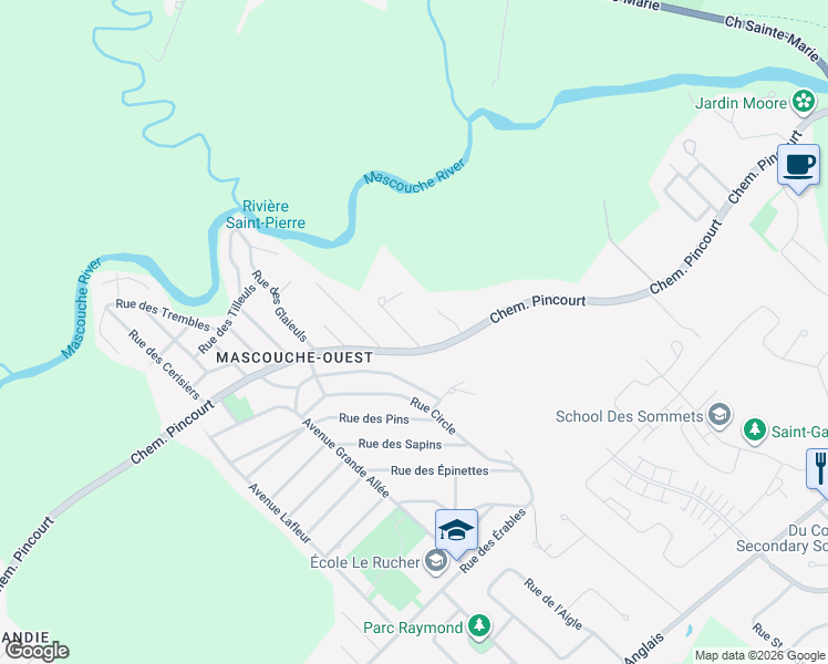 map of restaurants, bars, coffee shops, grocery stores, and more near 1129 Rue River in Mascouche