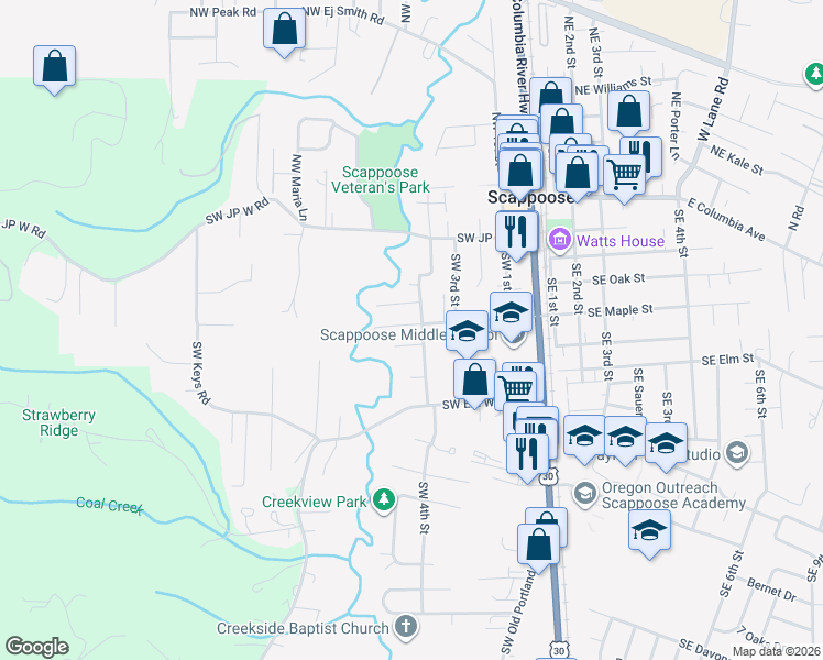 map of restaurants, bars, coffee shops, grocery stores, and more near 52279 Southwest 4th Street in Scappoose