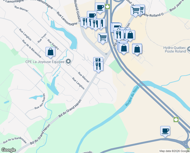 map of restaurants, bars, coffee shops, grocery stores, and more near Boulevard du Grand Héron in Saint-Jérôme
