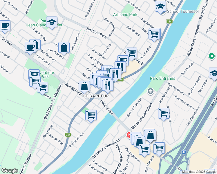 map of restaurants, bars, coffee shops, grocery stores, and more near 454 Boulevard Lacombe in Repentigny
