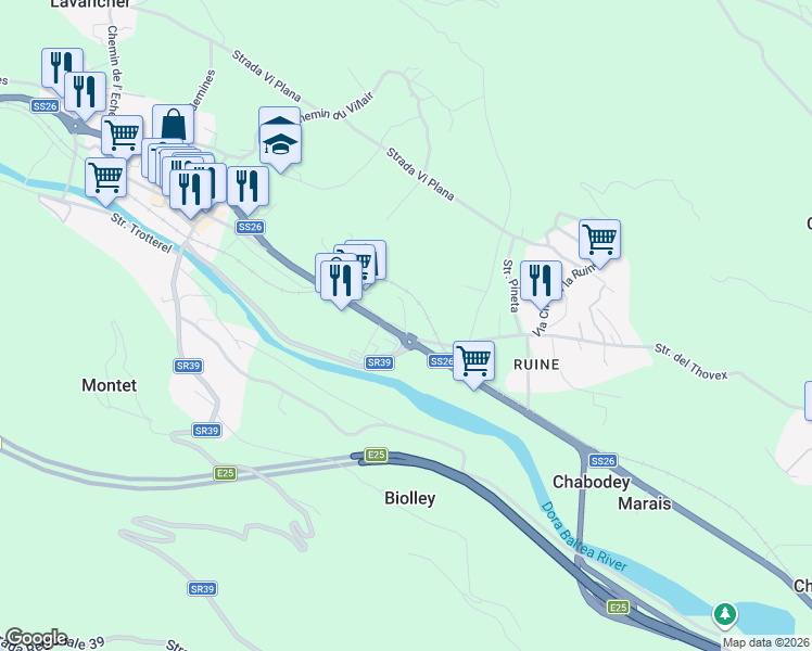 map of restaurants, bars, coffee shops, grocery stores, and more near 20 Rue du Mont Blanc in Morgex