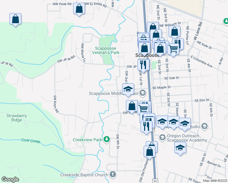 map of restaurants, bars, coffee shops, grocery stores, and more near 52279 Southwest 4th Street in Scappoose