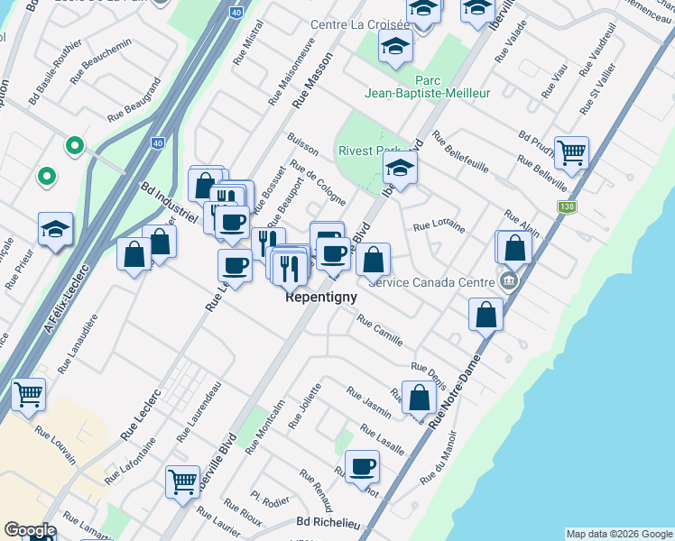 map of restaurants, bars, coffee shops, grocery stores, and more near Boulevard Iberville in Repentigny
