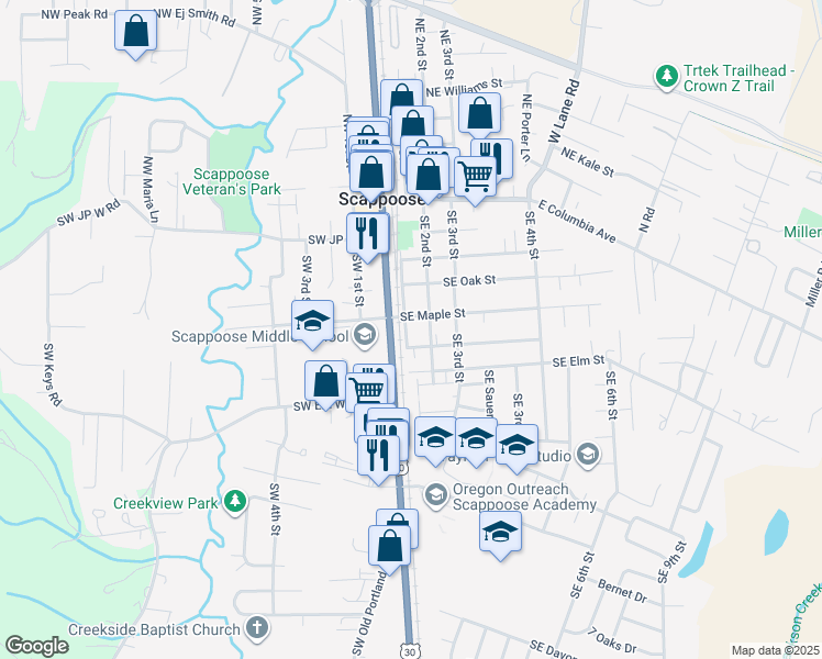 map of restaurants, bars, coffee shops, grocery stores, and more near 52272 Southeast 1st Street in Scappoose