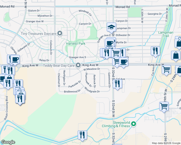 map of restaurants, bars, coffee shops, grocery stores, and more near 38 W Meadow Dr in Billings