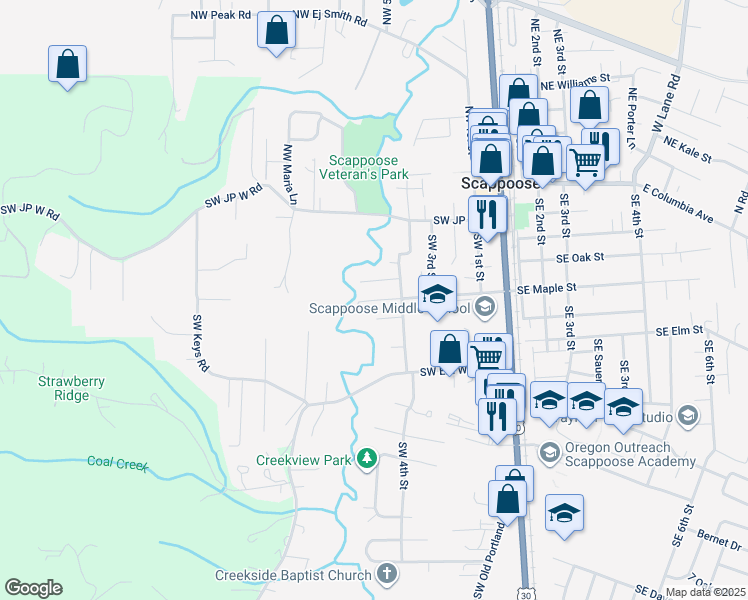 map of restaurants, bars, coffee shops, grocery stores, and more near 33250 Southwest Day Street in Scappoose