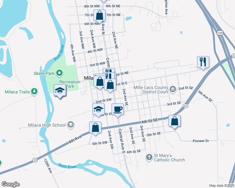 map of restaurants, bars, coffee shops, grocery stores, and more near 145 Central Avenue South in Milaca