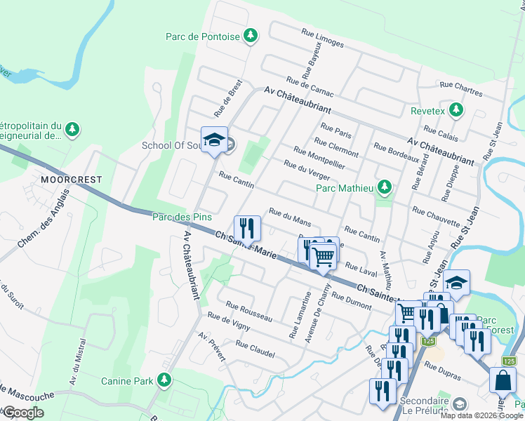 map of restaurants, bars, coffee shops, grocery stores, and more near 2511 Rue le Mans in Mascouche
