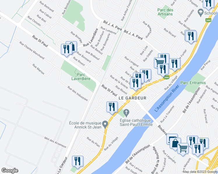 map of restaurants, bars, coffee shops, grocery stores, and more near 119 Rue Saint Paul in Repentigny