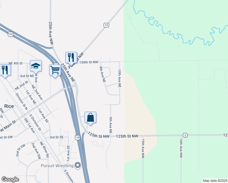 map of restaurants, bars, coffee shops, grocery stores, and more near 907 Northeast 5th Street in Rice