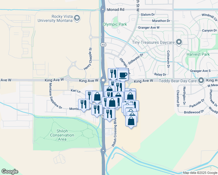 map of restaurants, bars, coffee shops, grocery stores, and more near 830 Shiloh Crossing Boulevard in Billings
