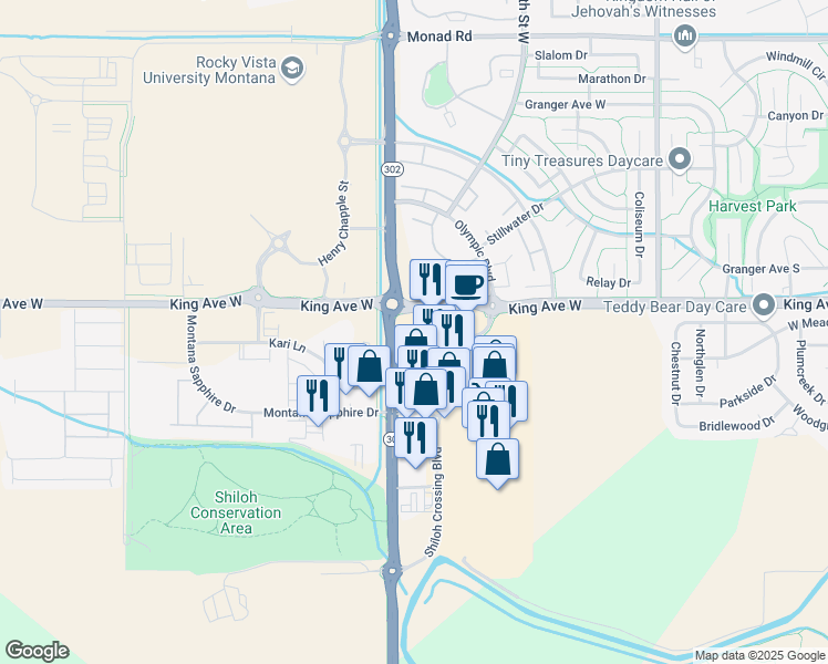 map of restaurants, bars, coffee shops, grocery stores, and more near 830 Shiloh Crossing Boulevard in Billings