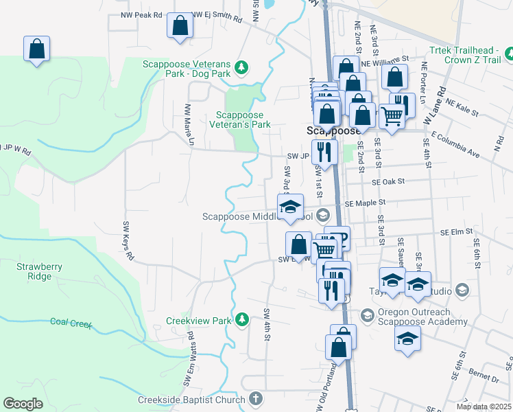 map of restaurants, bars, coffee shops, grocery stores, and more near 33250 Southwest Day Street in Scappoose