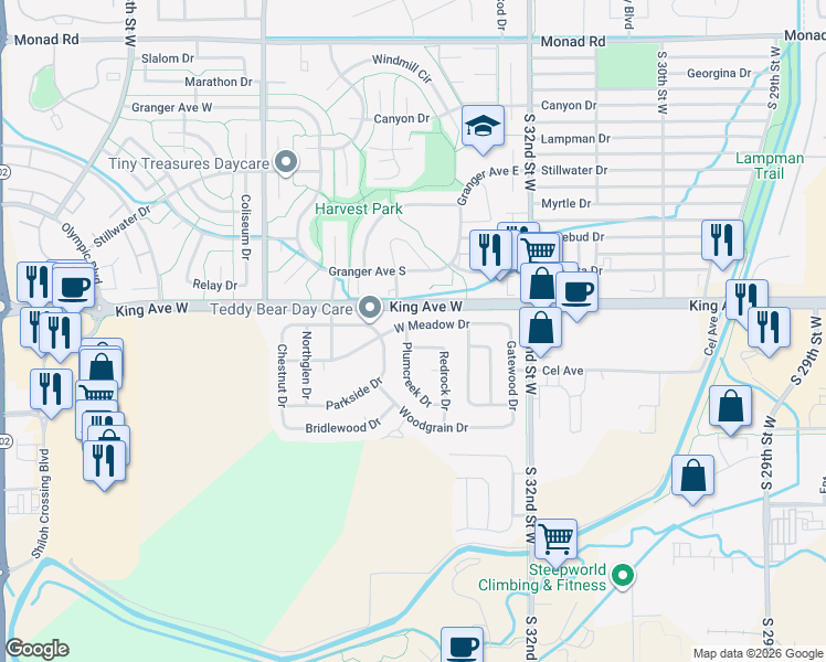 map of restaurants, bars, coffee shops, grocery stores, and more near 38 W Meadow Dr in Billings