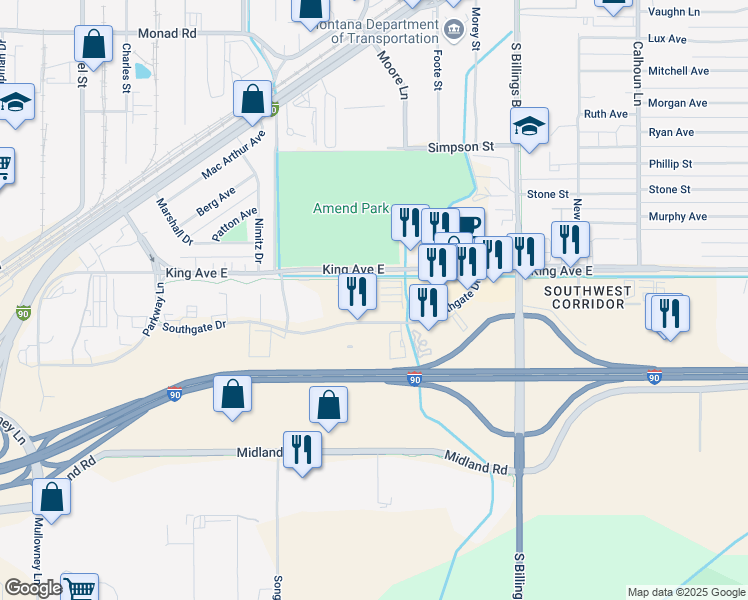 map of restaurants, bars, coffee shops, grocery stores, and more near 5001 Southgate Drive in Billings