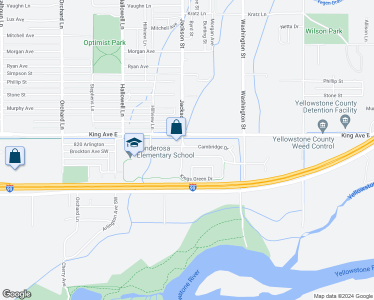 map of restaurants, bars, coffee shops, grocery stores, and more near 4032 Cambridge Drive in Billings