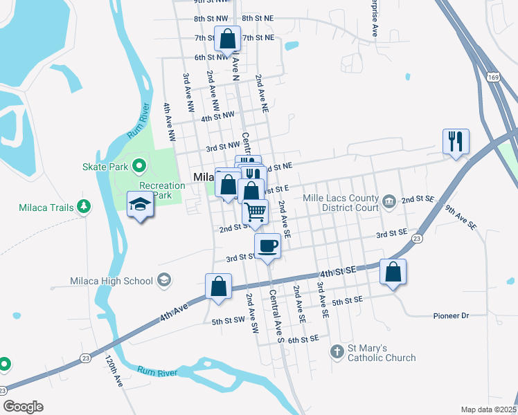 map of restaurants, bars, coffee shops, grocery stores, and more near 145 Central Avenue South in Milaca