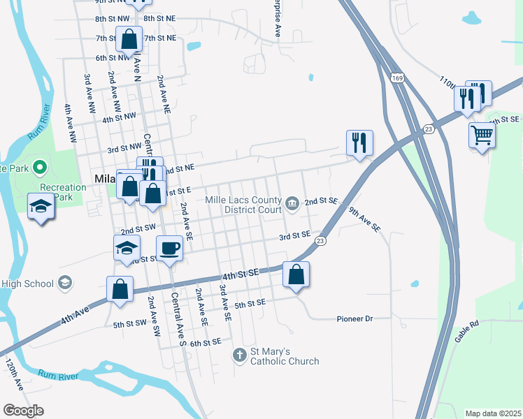 map of restaurants, bars, coffee shops, grocery stores, and more near 510 2nd Street Southeast in Milaca