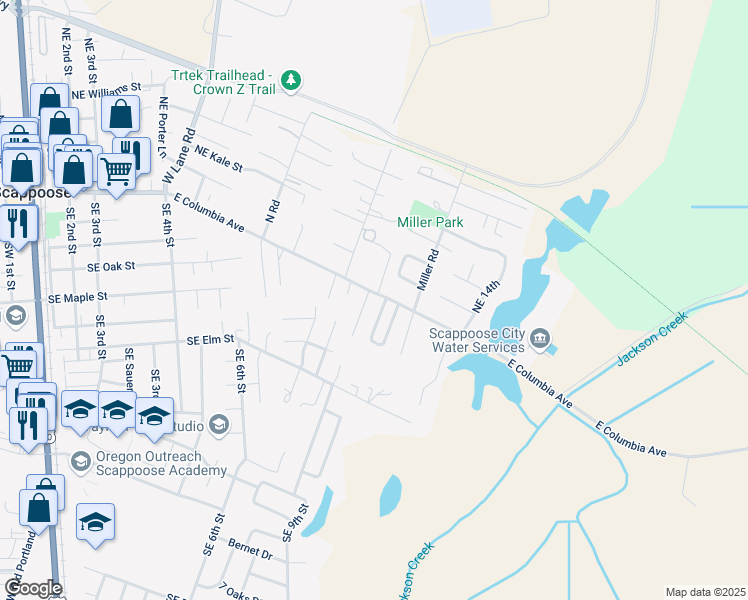map of restaurants, bars, coffee shops, grocery stores, and more near 52284 Southeast Tyler Street in Scappoose