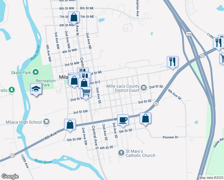 map of restaurants, bars, coffee shops, grocery stores, and more near 320 2nd Street Northeast in Milaca