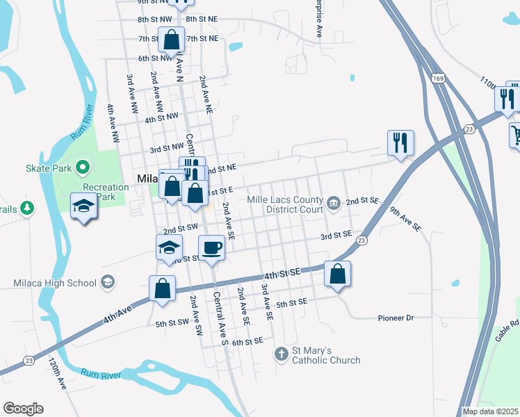 map of restaurants, bars, coffee shops, grocery stores, and more near 320 2nd Street Northeast in Milaca