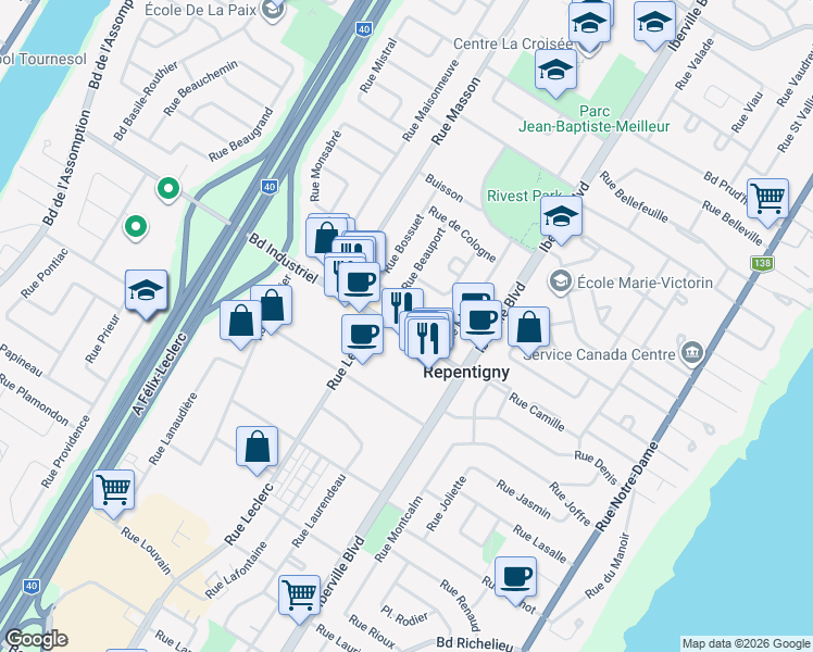 map of restaurants, bars, coffee shops, grocery stores, and more near 87 Boulevard Industriel in Repentigny