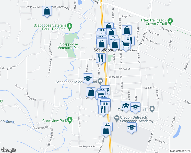 map of restaurants, bars, coffee shops, grocery stores, and more near 33409 Southwest Maple Street in Scappoose