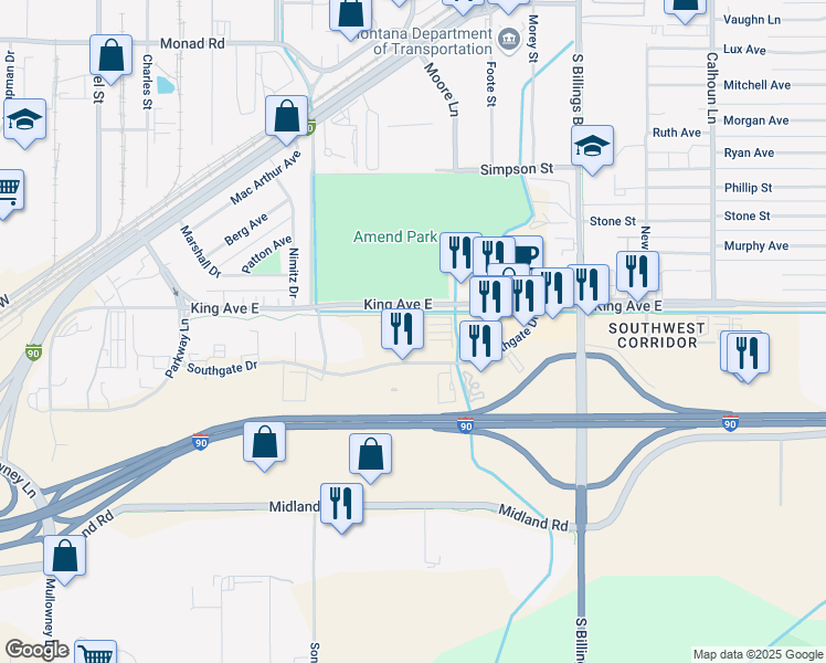 map of restaurants, bars, coffee shops, grocery stores, and more near 5001 Southgate Drive in Billings