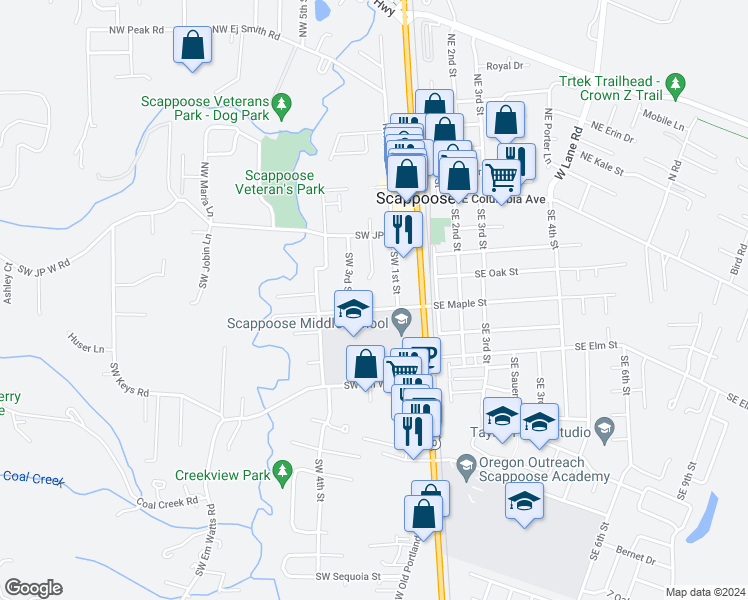 map of restaurants, bars, coffee shops, grocery stores, and more near 33409 Southwest Maple Street in Scappoose