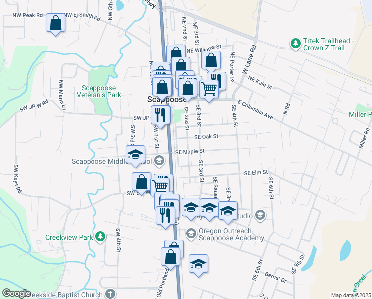 map of restaurants, bars, coffee shops, grocery stores, and more near 33567 Southeast Maple Street in Scappoose