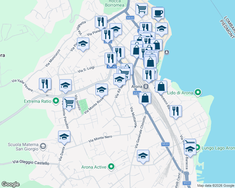 map of restaurants, bars, coffee shops, grocery stores, and more near 30 Via Monte Rosa in Arona