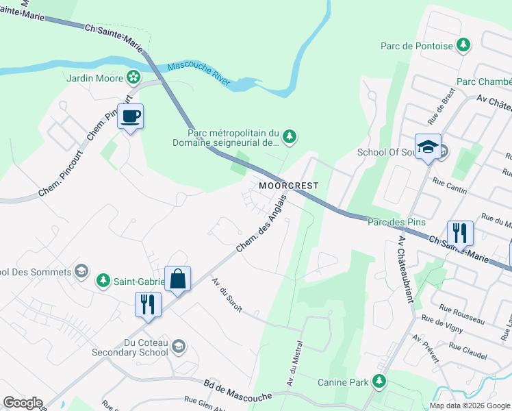 map of restaurants, bars, coffee shops, grocery stores, and more near Place de la Brise in Mascouche