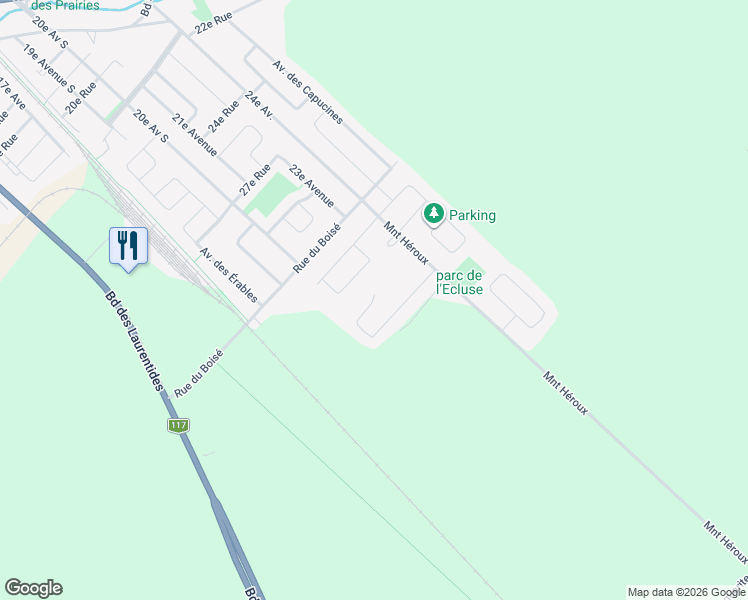 map of restaurants, bars, coffee shops, grocery stores, and more near Rue de l'Ecume in Mirabel