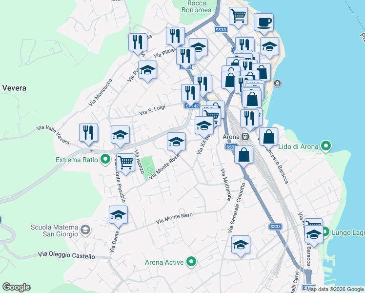 map of restaurants, bars, coffee shops, grocery stores, and more near 30 Via Monte Rosa in Arona