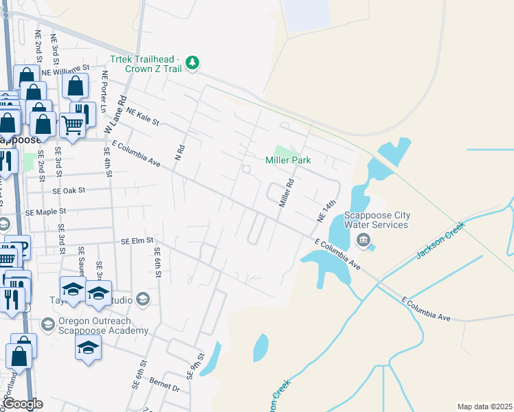 map of restaurants, bars, coffee shops, grocery stores, and more near 52284 Southeast Tyler Street in Scappoose