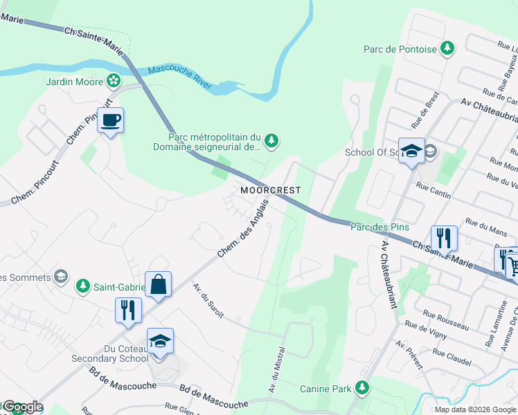 map of restaurants, bars, coffee shops, grocery stores, and more near 1511 Chemin des Anglais in Mascouche